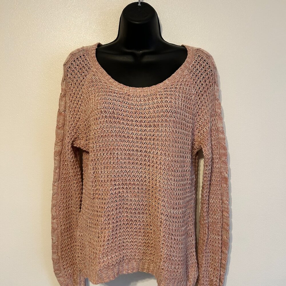 Pink Rose Basket Weave Pattern Knit Long Sleeve Round Neck Sweater Size M